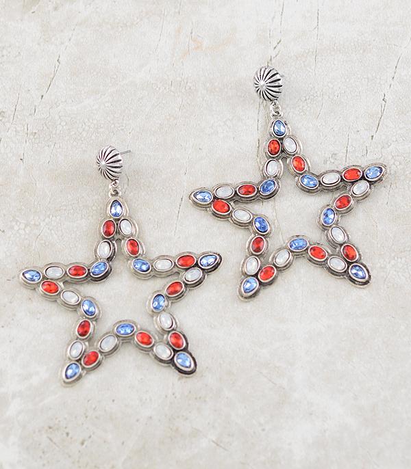 <font color=RED>RED,WHITE, AND BLUE</font> :: Wholesale Patriotic Glass Stone Star Earrings