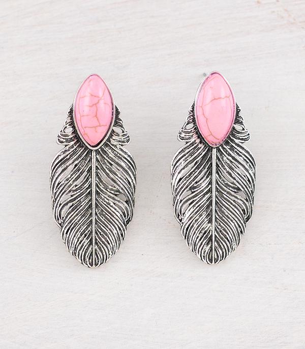 EARRINGS :: WESTERN POST EARRINGS :: Wholesale Western Pink Stone Feather Earrings