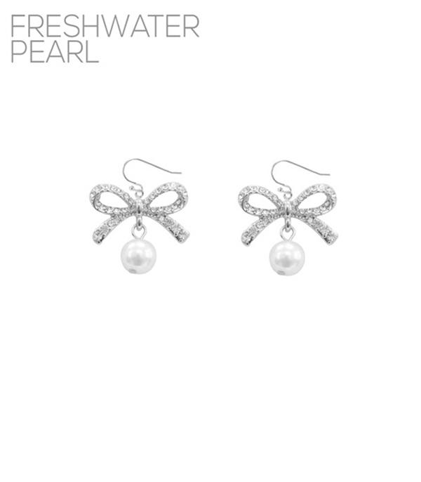 EARRINGS :: TRENDY EARRINGS :: Wholesale Rhinestone Pearl Bow Earrings