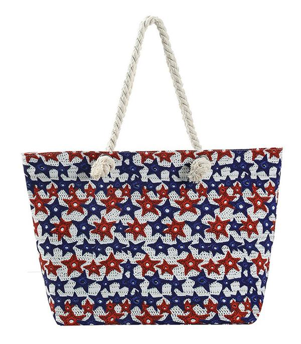 <font color=RED>RED,WHITE, AND BLUE</font> :: Wholesale Patriotic Star Print Canvas Tote