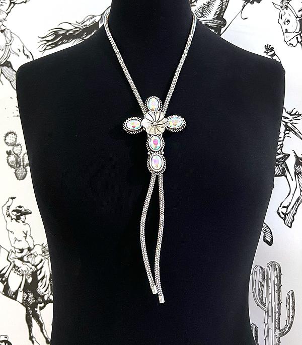New Arrival :: Wholesale Western Iridescent Cross Bolo Necklace