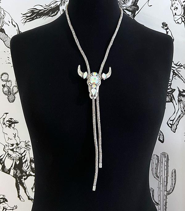 New Arrival :: Wholesale AB Glass Stone Steer Skull Bolo Necklace