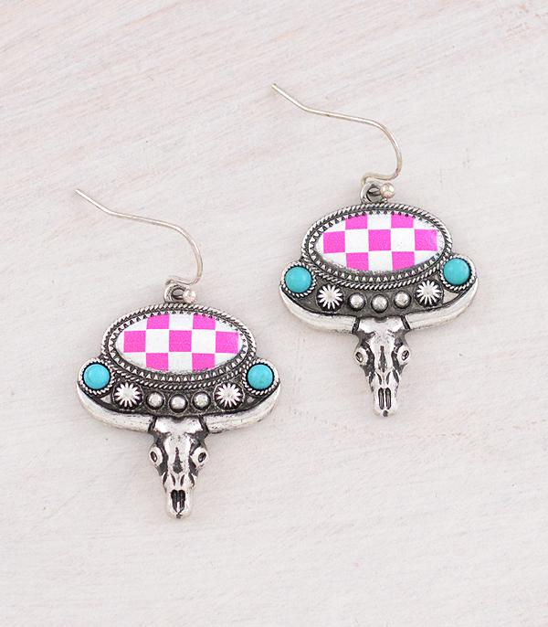 EARRINGS :: WESTERN HOOK EARRINGS :: Wholesale Checkered Steer Skull Earrings