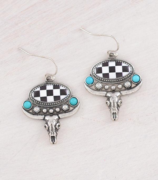 New Arrival :: Wholesale Checkered Steer Skull Earrings