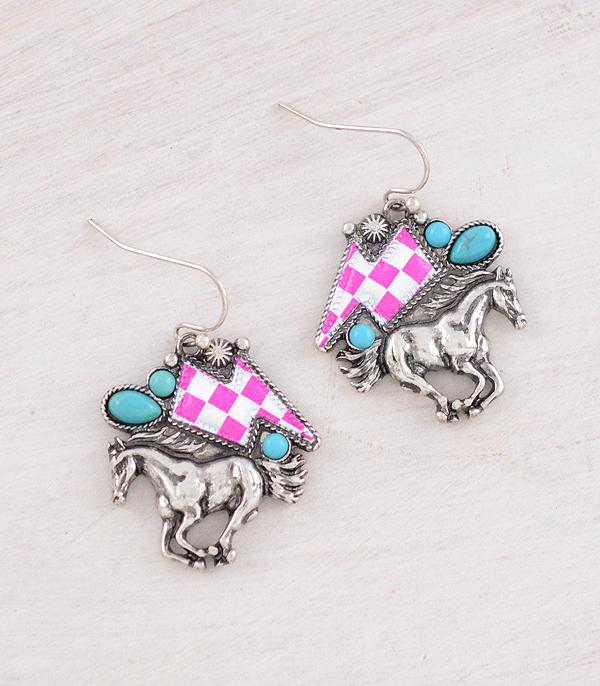 EARRINGS :: WESTERN HOOK EARRINGS :: Wholesale Western Checkered Bolt Horse Earrings