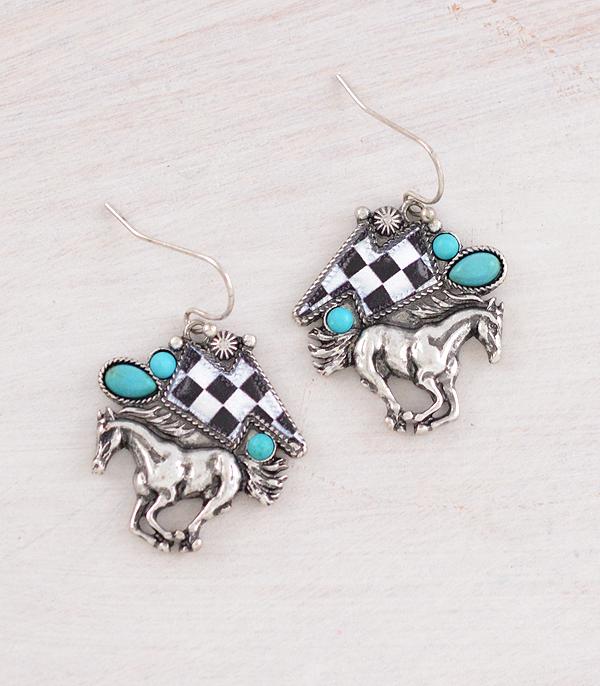 EARRINGS :: WESTERN HOOK EARRINGS :: Wholesale Western Checkered Bolt Horse Earrings