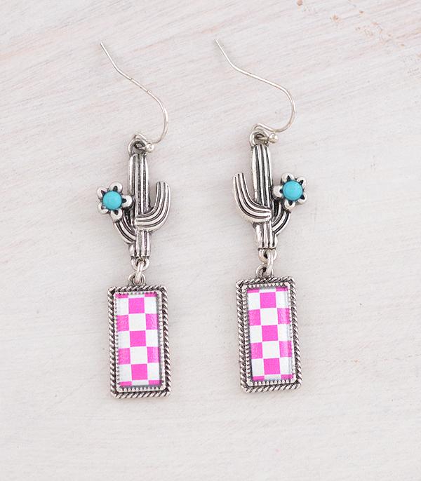 EARRINGS :: WESTERN HOOK EARRINGS :: Wholesale Western Checkered Cactus Earrings