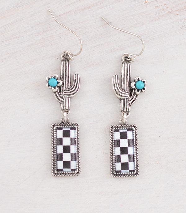 EARRINGS :: WESTERN HOOK EARRINGS :: Wholesale Western Checkered Cactus Earrings