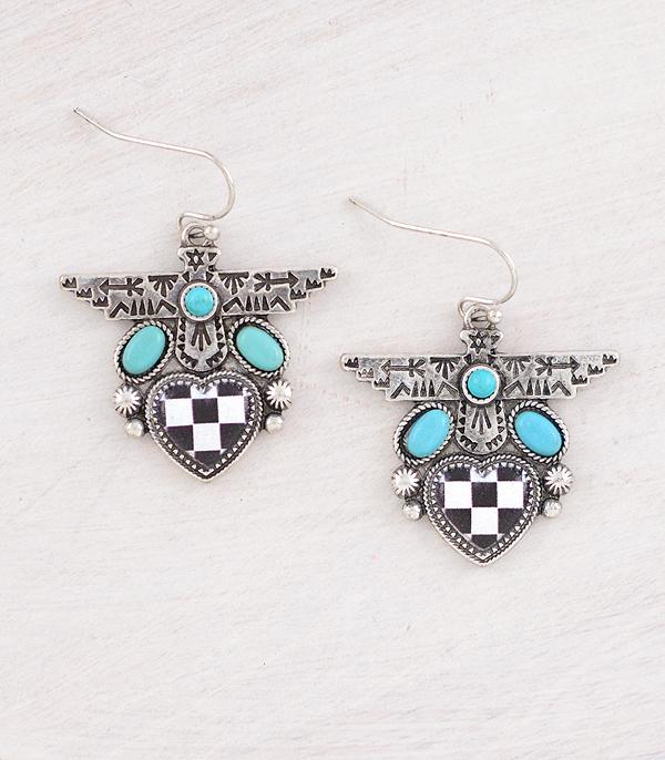 EARRINGS :: WESTERN HOOK EARRINGS :: Wholesale Western Checkered Thunderbird Earrings