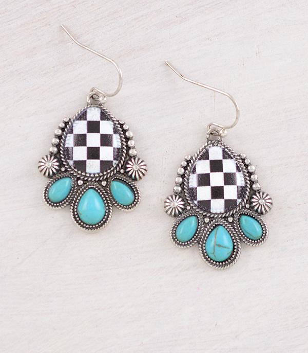 EARRINGS :: WESTERN HOOK EARRINGS :: Wholesale Western Checkered Teardrop Earrings