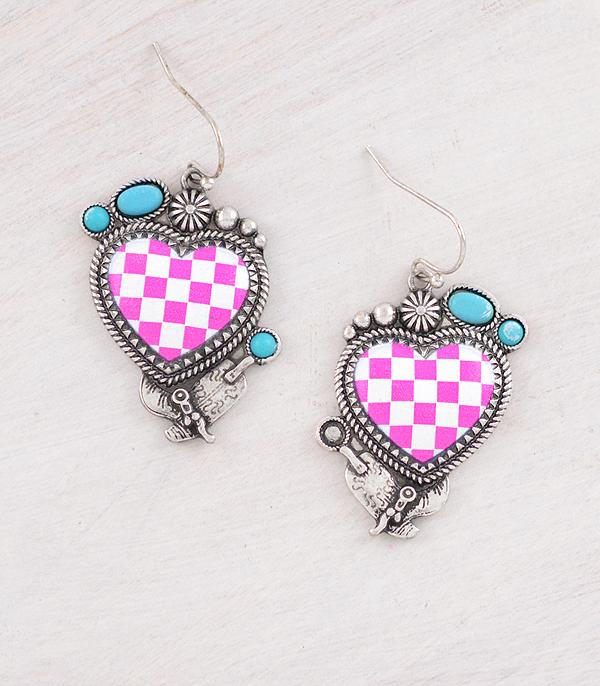 EARRINGS :: WESTERN HOOK EARRINGS :: Wholesale Western Checkered Heart Earrings