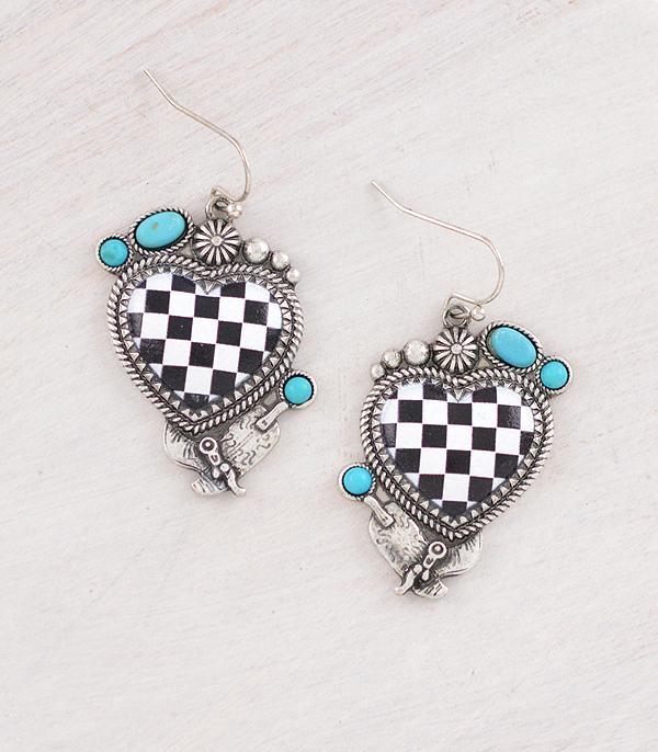 EARRINGS :: WESTERN HOOK EARRINGS :: Wholesale Western Checkered Heart Earrings