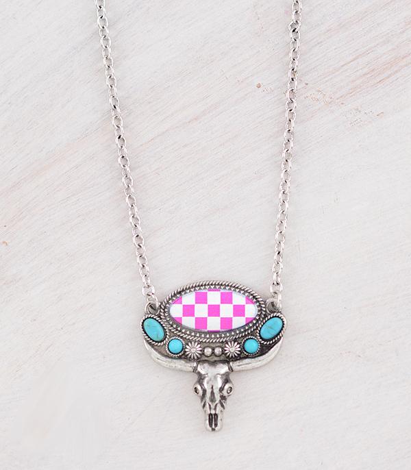 New Arrival :: Wholesale Western Checkered Steer Skull Necklace