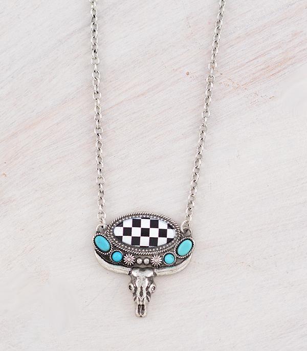 New Arrival :: Wholesale Western Checkered Steer Skull Necklace