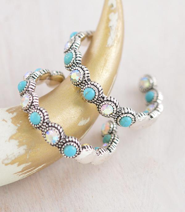 EARRINGS :: HOOP EARRINGS :: Wholesale Western Turquoise Ab Stone Hoop Earrings