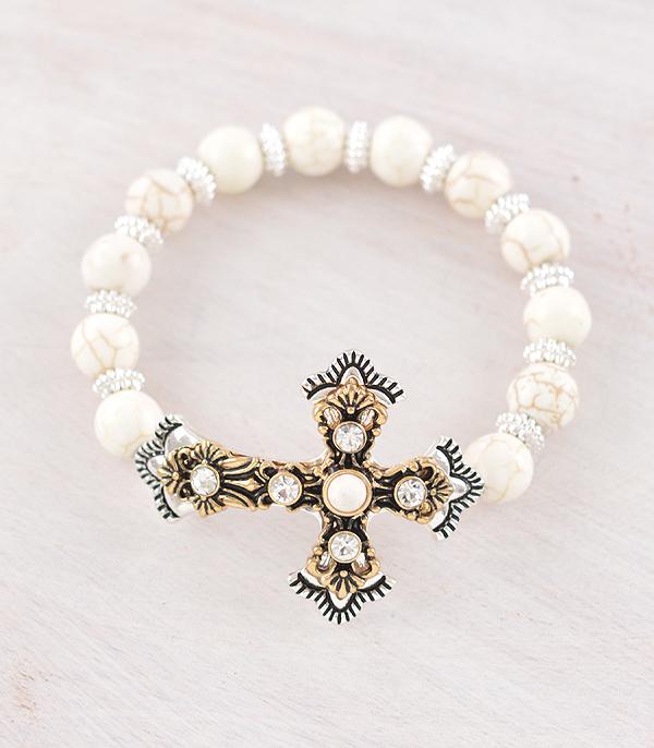 BRACELETS :: STRETCH-BEAD :: Wholesale Western Semi Stone Cross Bracelet