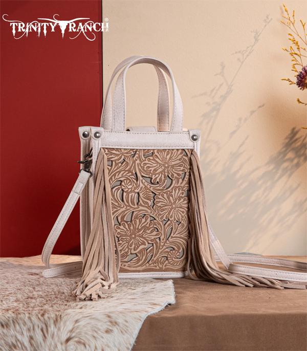 MONTANAWEST BAGS :: TRINITY RANCH BAGS :: Wholesale Floral Tooled Fringe Mini Tote Crossbody