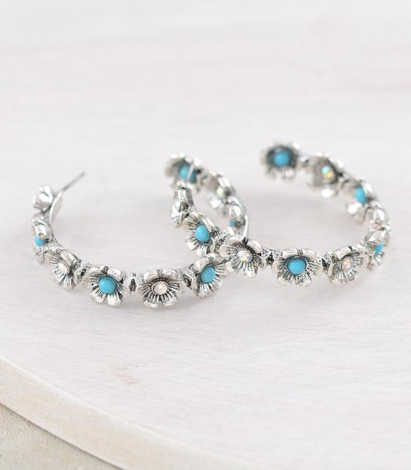 EARRINGS :: HOOP EARRINGS :: Wholesale Western Turquoise Flower Hoop Earrings