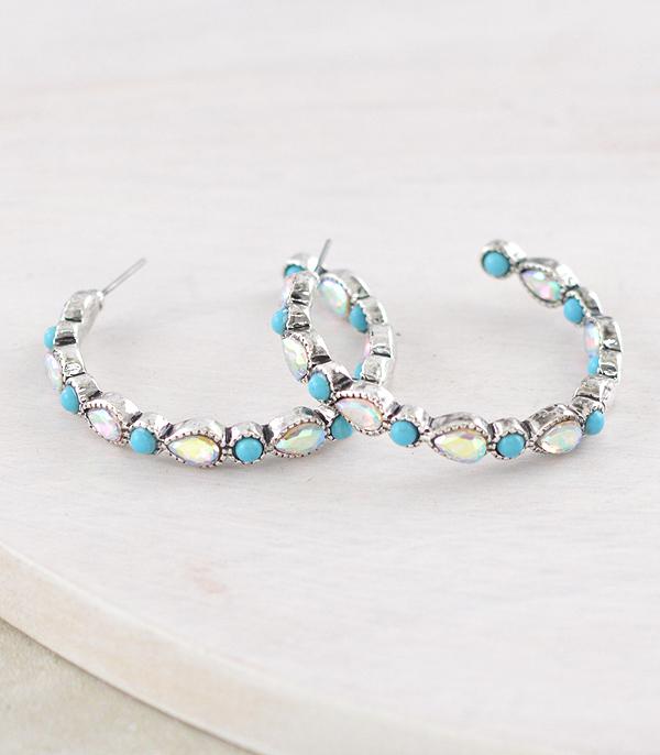 EARRINGS :: HOOP EARRINGS :: Wholesale Turquoise Rhinestone Hoop Earrings