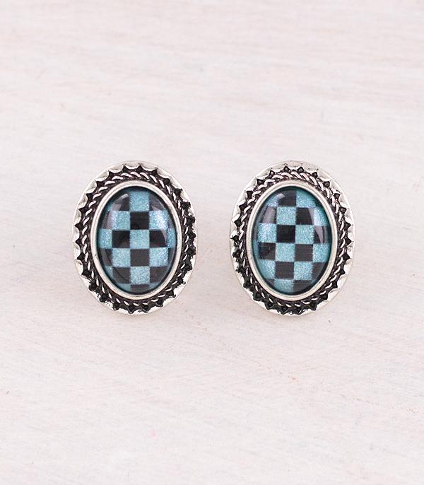 EARRINGS :: WESTERN POST EARRINGS :: Wholesale Western Checkered Oval Earrings