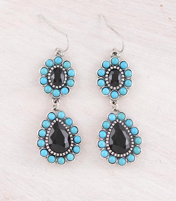 EARRINGS :: WESTERN HOOK EARRINGS :: Wholesale Turquoise Glass Stone Teardrop Earrings