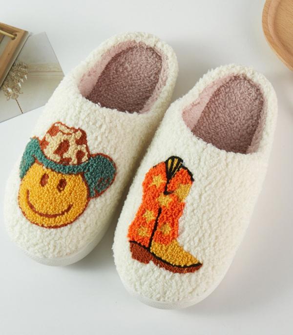 WHAT'S NEW :: Wholesale Western Cowgirl Smile Face Cozy Slippers