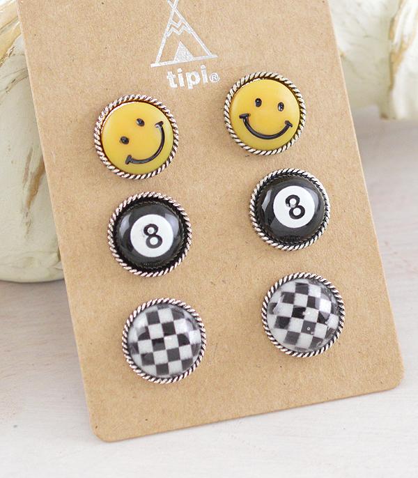 EARRINGS :: WESTERN POST EARRINGS :: Wholesale Western 3PC Set Eight Ball Earrings