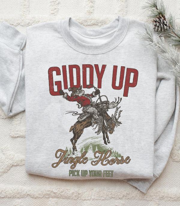 <font color=GREEN>HOLIDAYS</font> :: GRAPHIC TEES :: Wholesale Western Giddy Up Cowboy Santa Sweatshirt