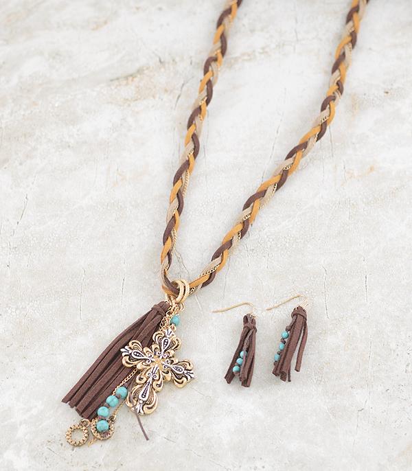 New Arrival :: Wholesale Cross Charm Woven Long Necklace