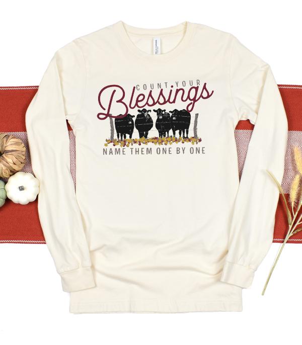 GRAPHIC TEES :: LONG SLEEVE :: Wholesale Count Your Blessings Cow Long Sleeve