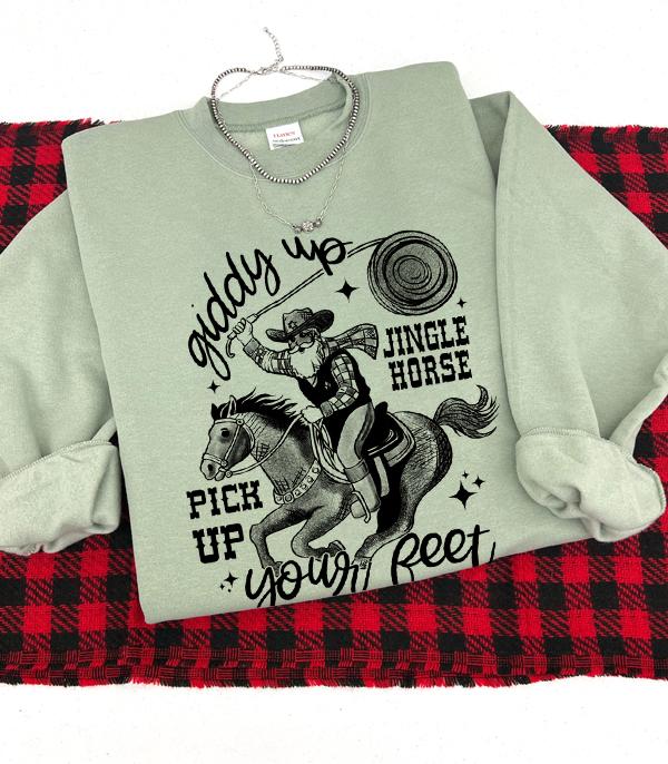 <font color=GREEN>HOLIDAYS</font> :: GRAPHIC TEES :: Wholesale Giddy Up Jingle Horse Christmas Sweat