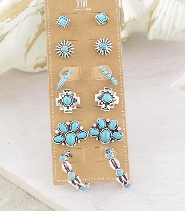 EARRINGS :: WESTERN POST EARRINGS :: Wholesale Western Turquoise 6PC Set Earrings