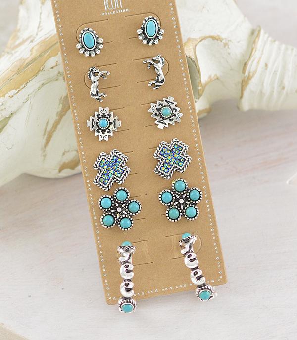 EARRINGS :: WESTERN POST EARRINGS :: Wholesale Western Turquoise 6PC Set Earrings