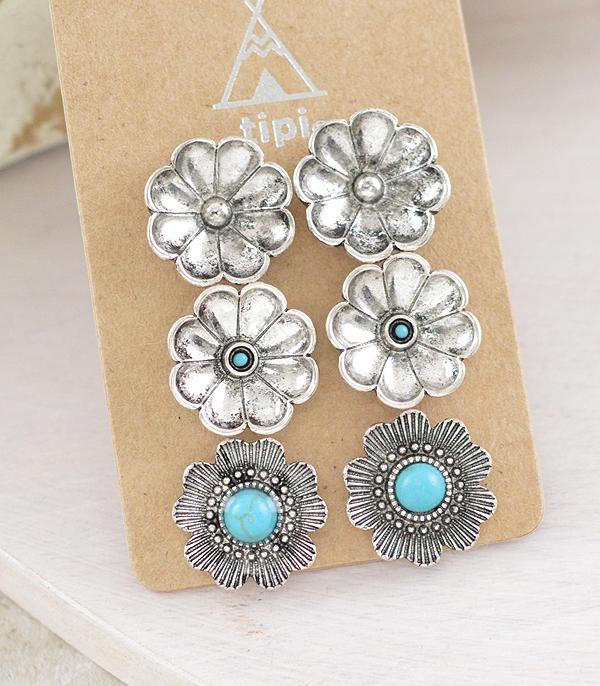 EARRINGS :: WESTERN POST EARRINGS :: Wholesale Western 3PC Set Flower Earrings