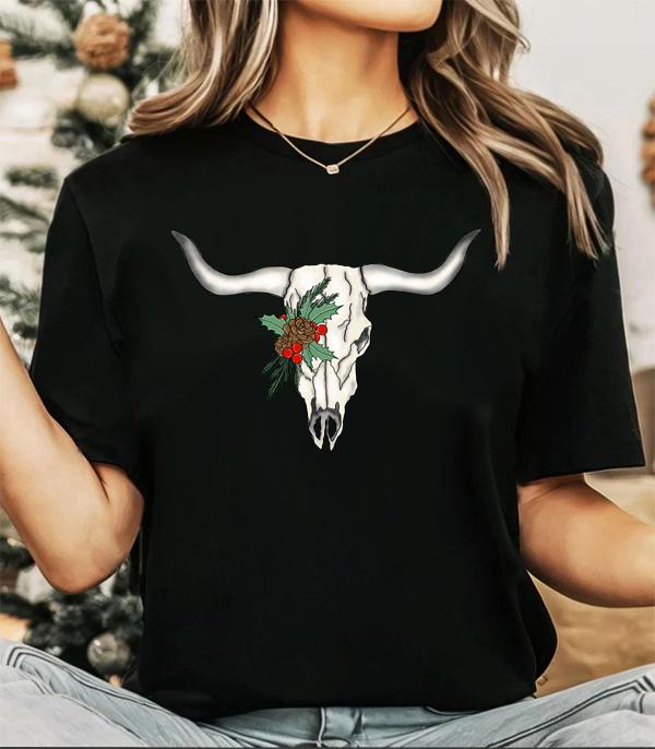 <font color=GREEN>HOLIDAYS</font> :: GRAPHIC TEES :: Wholesale Western Christmas Steer Skull Tshirt