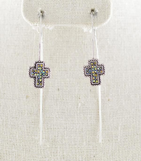 EARRINGS :: TRENDY EARRINGS :: Wholesale Rhinestone Cross Threader Earrings