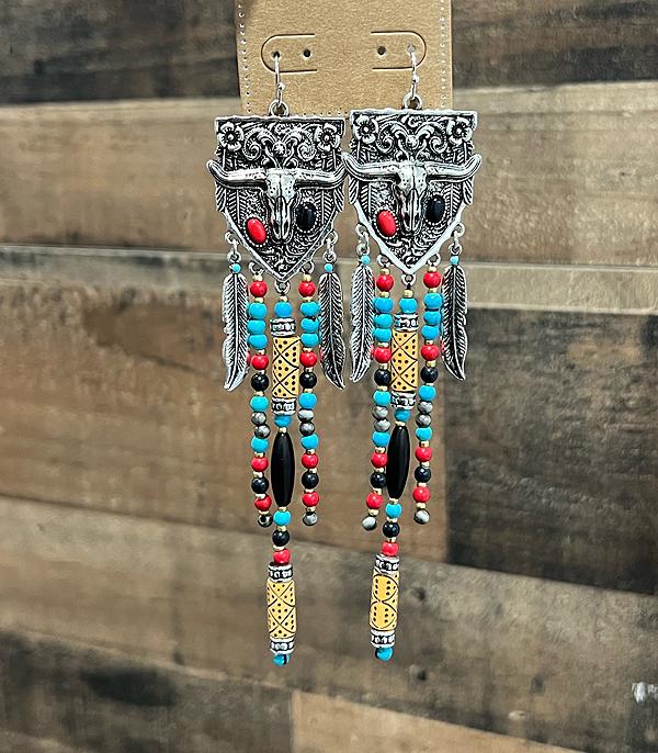 EARRINGS :: WESTERN HOOK EARRINGS :: Wholesale Western Steer Skull Statement Earrings