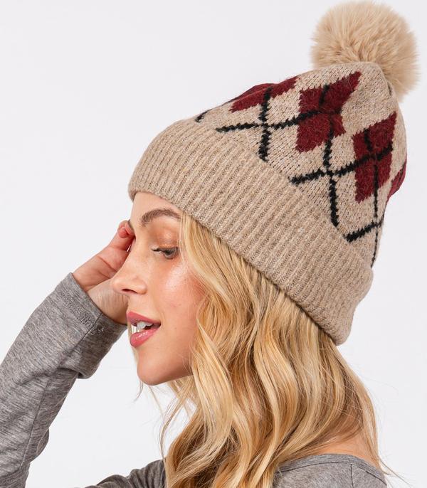 New Arrival :: Wholesale Fleece Lined Argyle Pom Pom Beanie