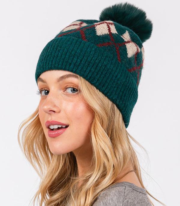 New Arrival :: Wholesale Fleece Lined Argyle Pom Pom Beanie