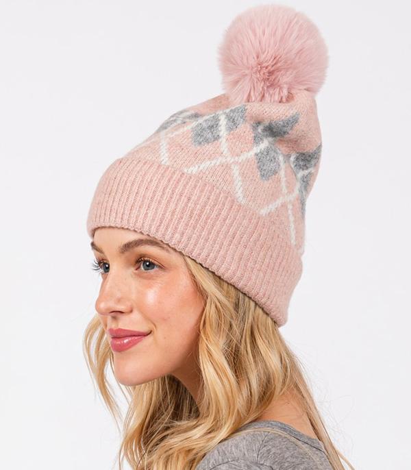 HATS I HAIR ACC :: BEANIES I HEADWRAP :: Wholesale Fleece Lined Argyle Pom Pom Beanie