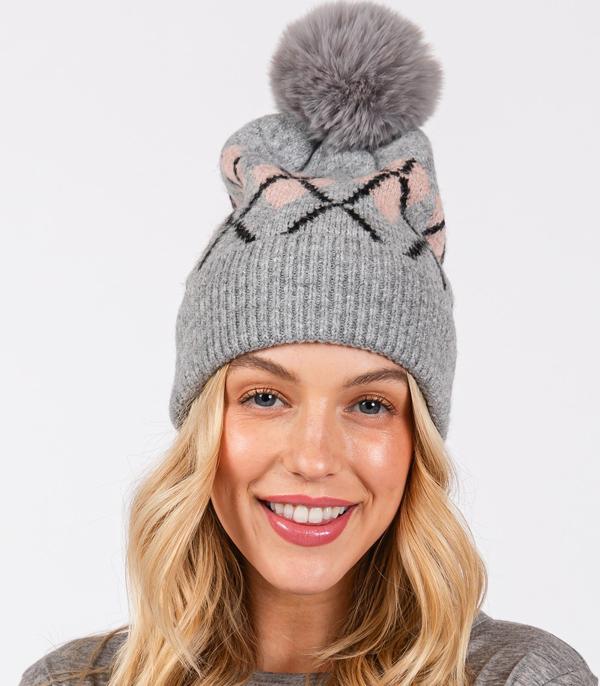 HATS I HAIR ACC :: BEANIES I HEADWRAP :: Wholesale Fleece Lined Argyle Pom Pom Beanie