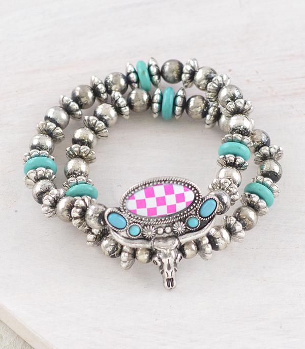 BRACELETS :: STRETCH-BEAD :: Wholesale Western Checkered Steer Skull Bracelet