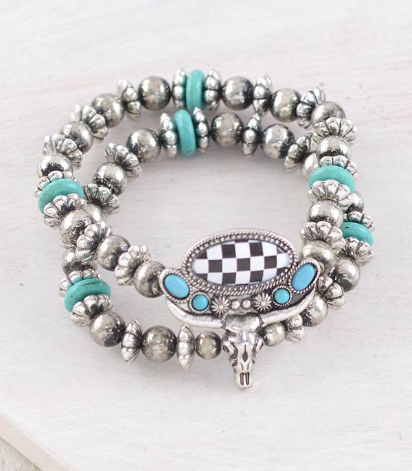 BRACELETS :: STRETCH :: Wholesale Western Checkered Steer Skull Bracelet