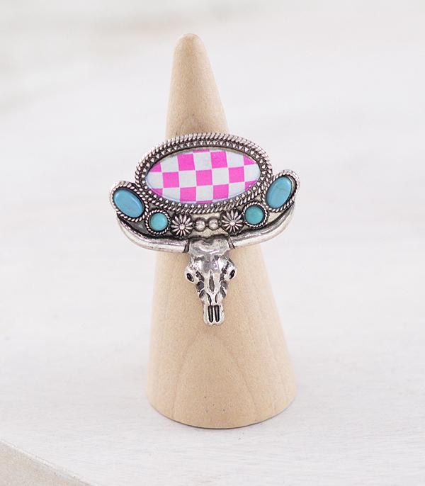 New Arrival :: Wholesale Western Checkered Steer Skull Ring