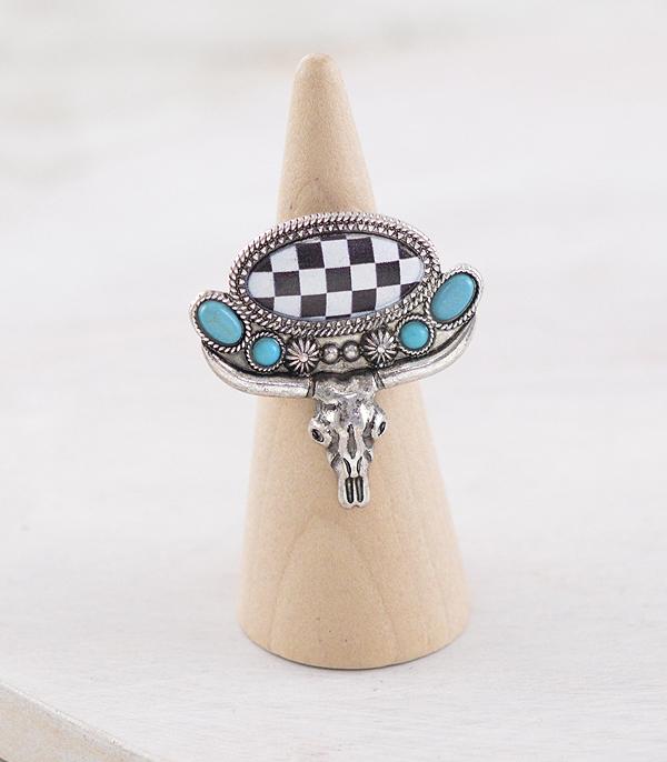 RINGS :: Wholesale Western Checkered Steer Skull Ring