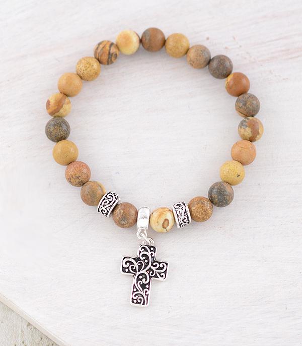 New Arrival :: Wholesale Gem Stone Bead Cross Charm Bracelet