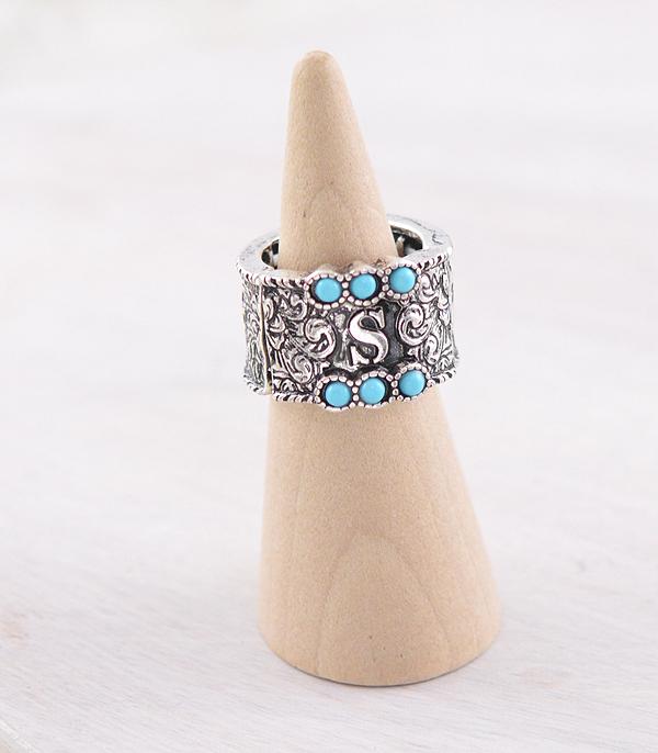 New Arrival :: Wholesale Western Turquoise Tooling Initial Ring