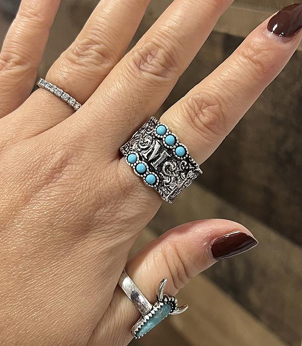 New Arrival :: Wholesale Western Turquoise Tooling Initial Ring