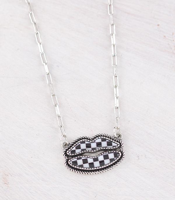 New Arrival :: Wholesale Western Checkered Lips Pendant Necklace