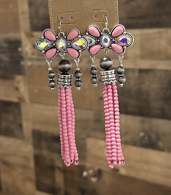 EARRINGS :: WESTERN HOOK EARRINGS :: Wholesale Western Pink Stone Tassel Earrings